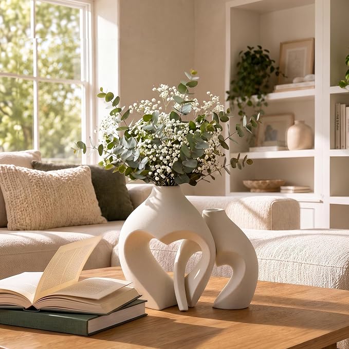 White Ceramic Flower Vase Home Table Decor Heart Shaped Vase Set of 2 | Boho - Image 6