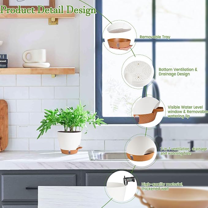 Self Watering Pots for Inoor Ourdoor Plants 10/9/8/7/6.5" Plastic Planters | - Image 4