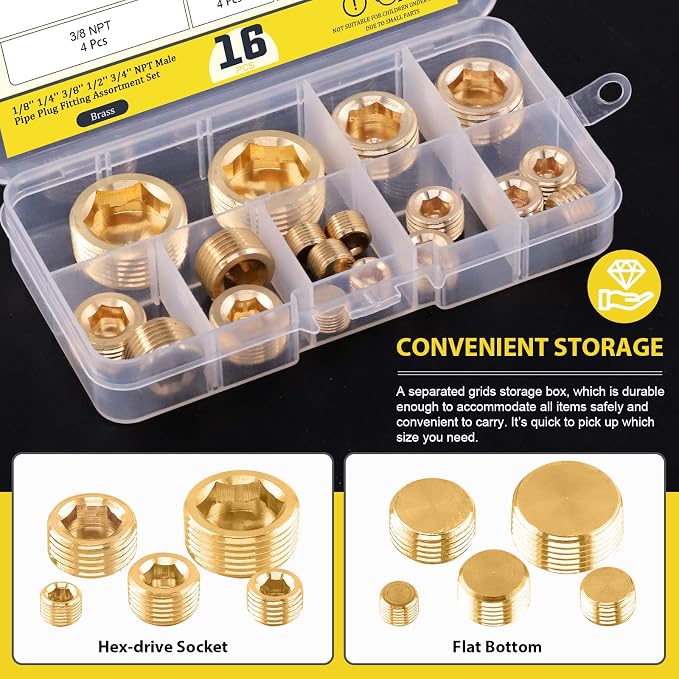 16Pcs 5 Sizes Brass NPT Plug Assortment Kit, 1/8" 1/4" 3/8" 1/2" 3/4" Internal - Image 4