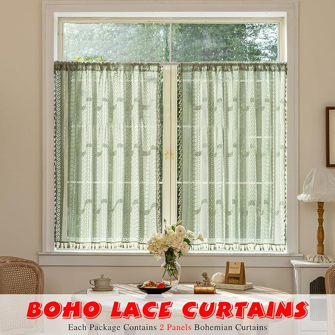 Sutuo Home Sage Green Sheer Boho Kitchen Curtains 2 Panels 54 inches Long | - Image 2