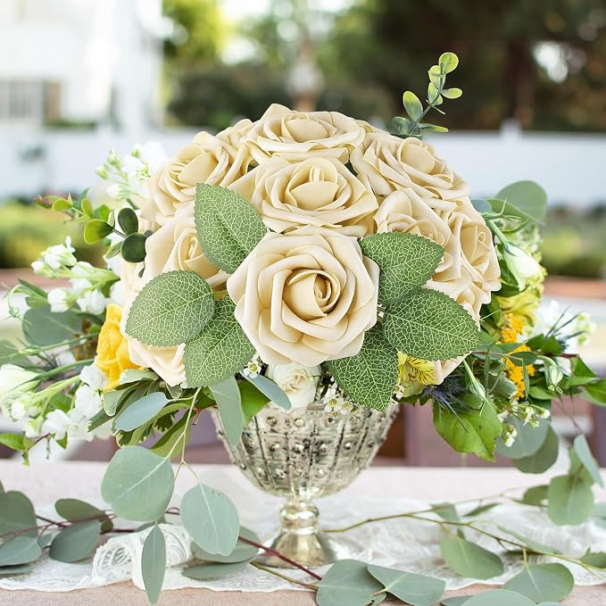 AmyHomie Beige Rose 25pcs Real Looking Artificial Flowers w/Stem | Bouquet - Image 4
