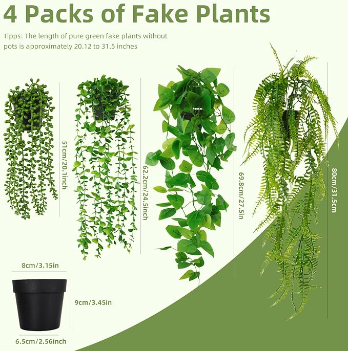 Fake Plants 4 Pack Artificial Hanging Plants Fake Potted Greenery | Faux - Image 2