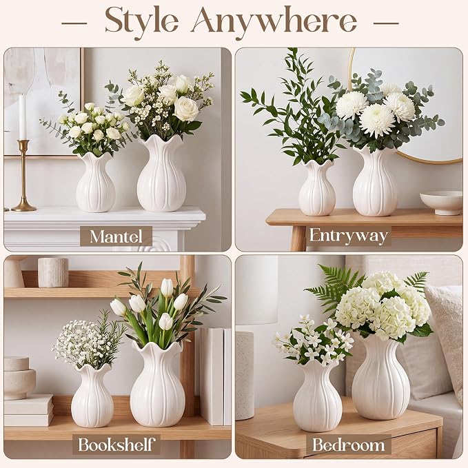 2 Pack White Ceramic Vase Set Small Rustic, Elegant | Decorative Flower Vases - Image 3