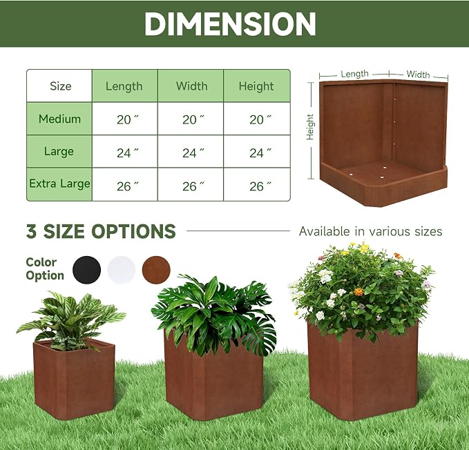 Corten Steel Planter Box 20”L x 20"W x 20"H Large Square Steel Planter Box | - Image 5