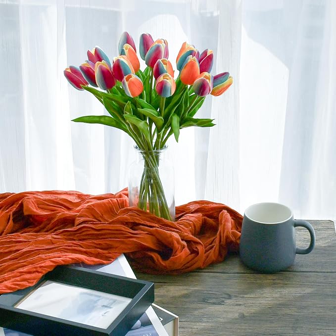 Mandy's 20pcs Artificial Rainbow Orange Tulips | 13.5 Inch Lifelike PU Tulips - Image 5