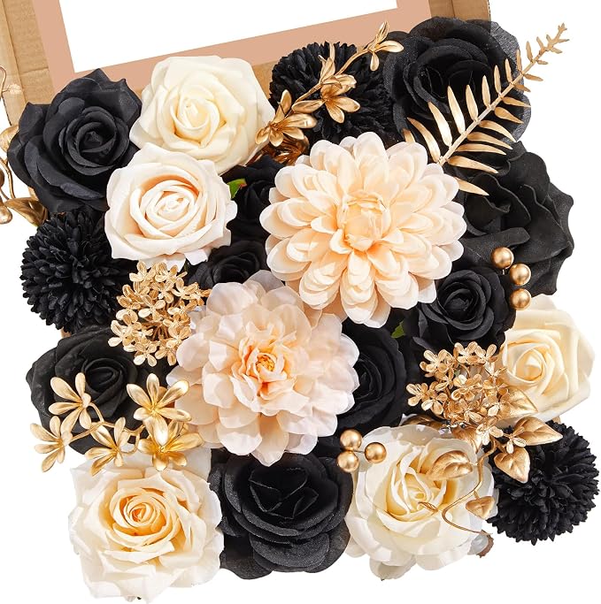 Serwalin Artificial Flowers Black Gold Champagne Silk Flowers by Serwalin