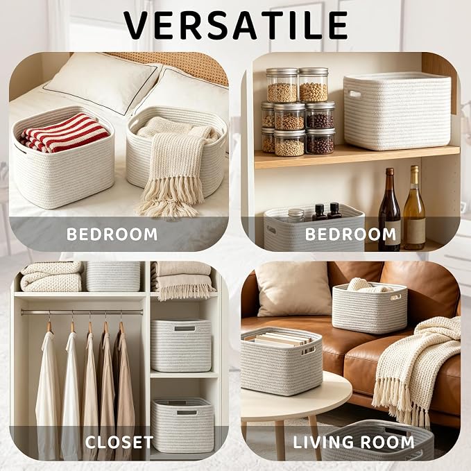 4 Pack Storage Baskets for Organizing, and Clothes, Cotton Rope Basket for - Image 3