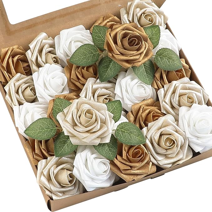 Artificial Flowers 25pcs Real Looking Gold & Champagne Gold Foam Fake Roses by Floroom
