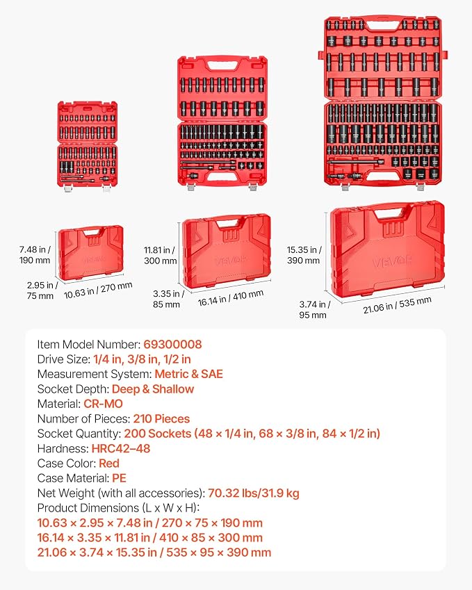 VEVOR 1/4 & 3/8 & 1/2 Inch Drive Impact Socket Set, 210-Piece Metric and - Image 7