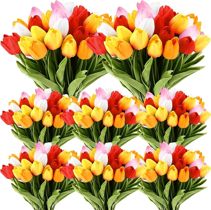 Janinka 75pcs Artificial Tulip Flowers Fake PU Tulips Faux Latex Bouquet Flower by Janinka