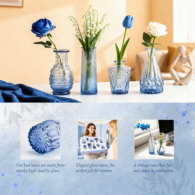 Der Rose 20pcs Glass Bud Vases, translucent glass, vintage etched patterns - Image 5