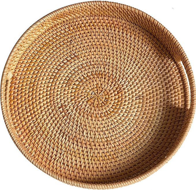 16.9" Round Rattan Tray, Hand Woven Serving Tray by XIMISISE