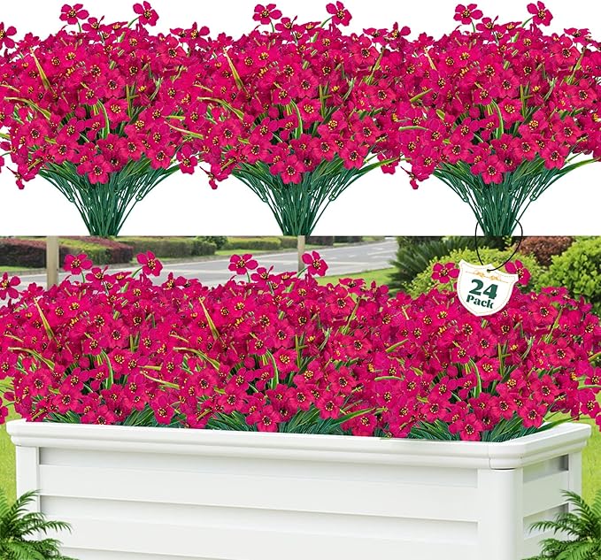 24 Pcs Artificial Flowers for Outdoor, Plastic Fake Flowers Decor, Rose Red | by Lnoicy
