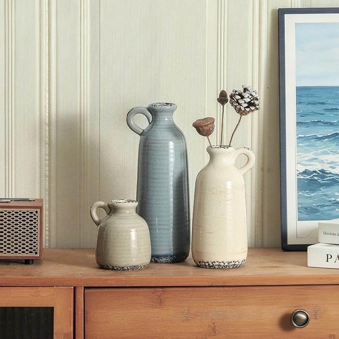 Ceramic Vases Set of 3, Neutral Rustic Farmhouse Vase - Image 5