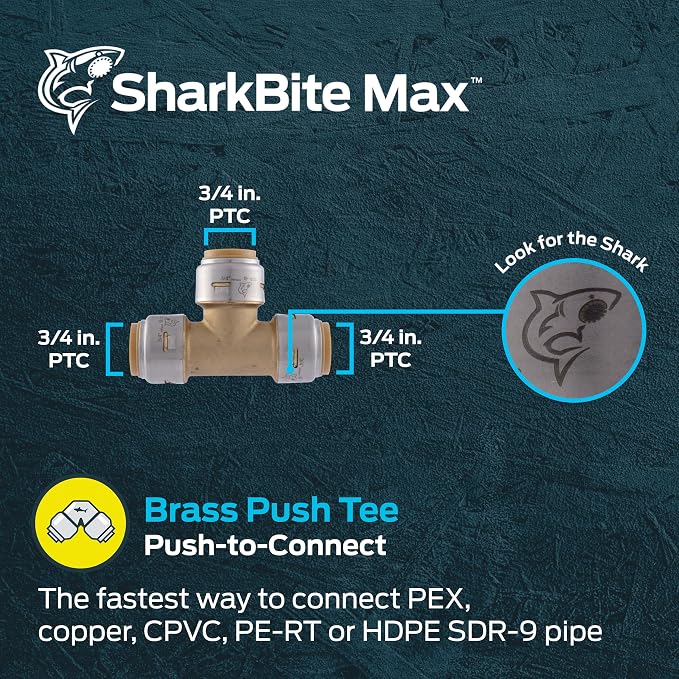 SharkBite Max 3/4 Inch Tee, Push to Connect Brass Plumbing Fitting, PEX Pipe - Image 2
