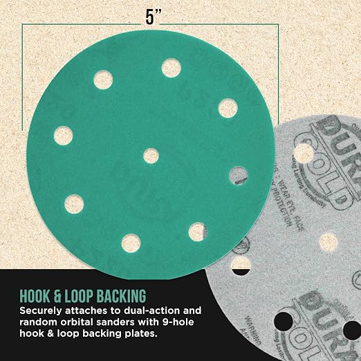 Dura-Gold Premium 220 Grit 5" Green Film Sanding Discs, 9-Hole Pattern - Image 3