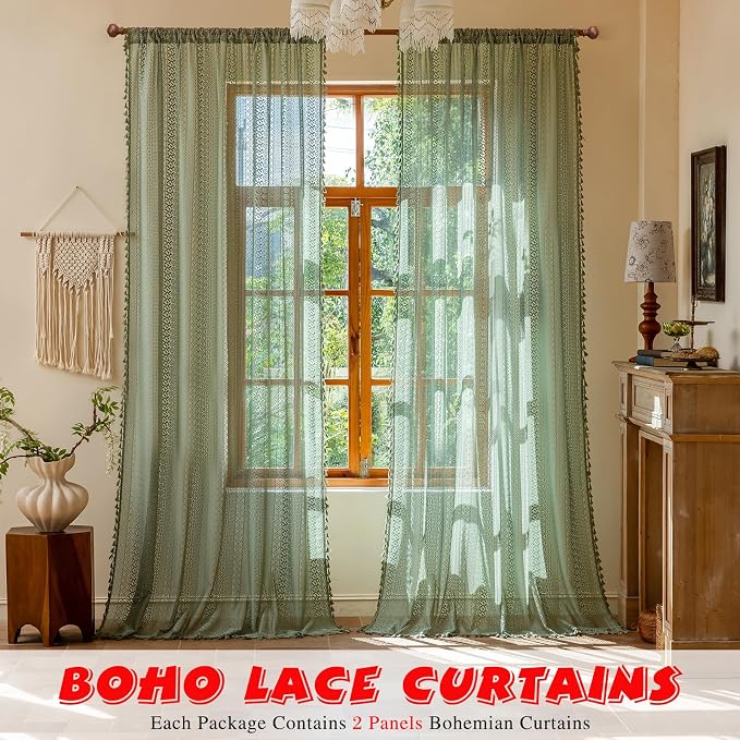 Sutuo Home Boho Vintage Lace Curtains 96 inch Long 2 Panels - Image 3
