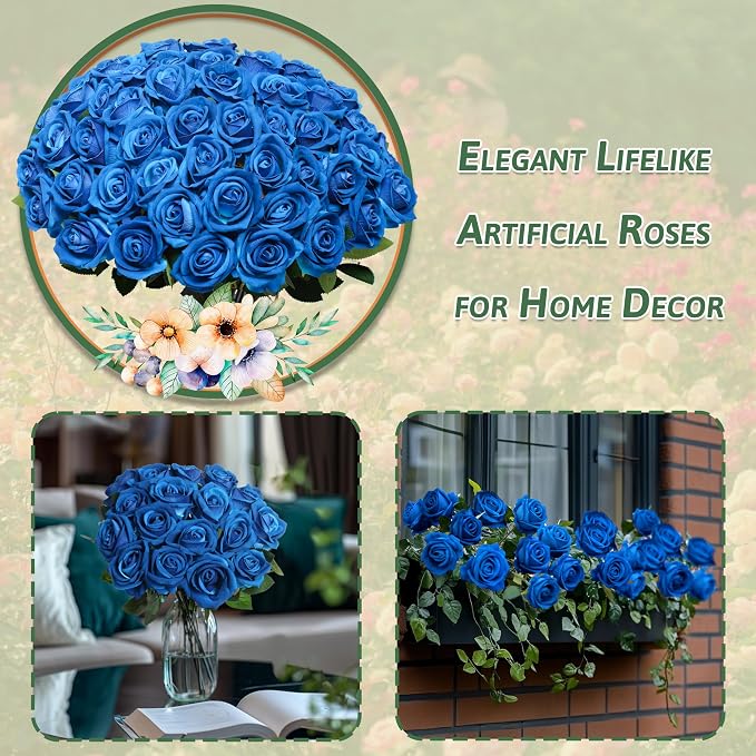 50 PCS Fake Blue Roses, Artificial Blue Flowers, Realistic Silk Faux Roses | - Image 4