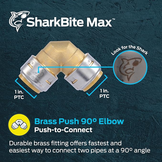 SharkBite Max 1 x 1 in PTC 90-Degree Elbow, Push-to-Connect Brass Plumbing - Image 2
