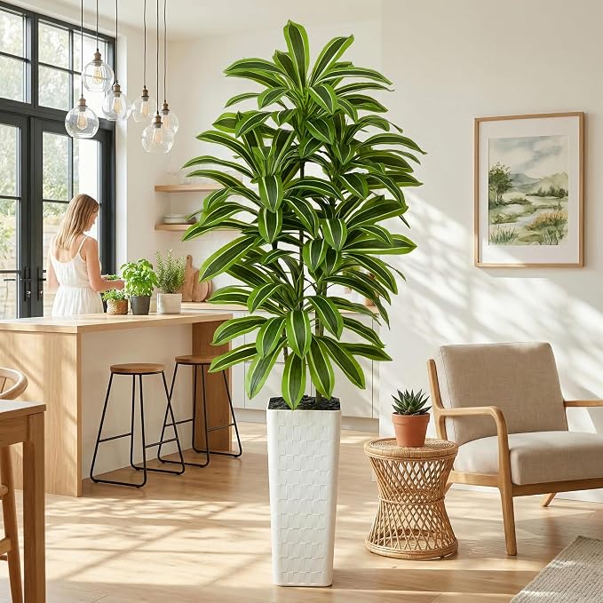 Artificial Dracaena Tree: 7FT Fake Plants Silk Faux Trees（White Pot） | - Image 7