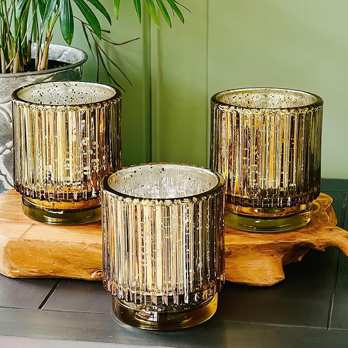 Kate Aspen Gold Votive Candle Holders-Vintage Ribbed Glass Candle Holder Set of - Image 4