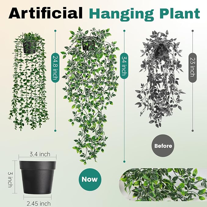 Der Rose 2Pcs Fake Hanging Plants Artificial in Black Pots - Image 3