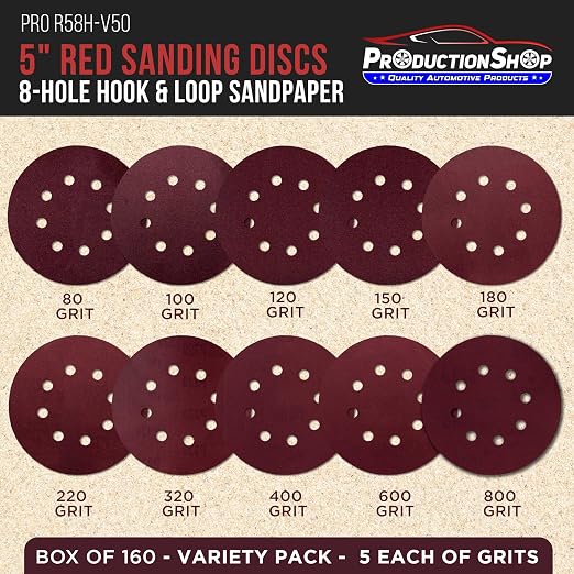 ProductionShop 5" Red 8-Hole Pattern Sanding Discs, 50 Disc Variety Pack - Image 2