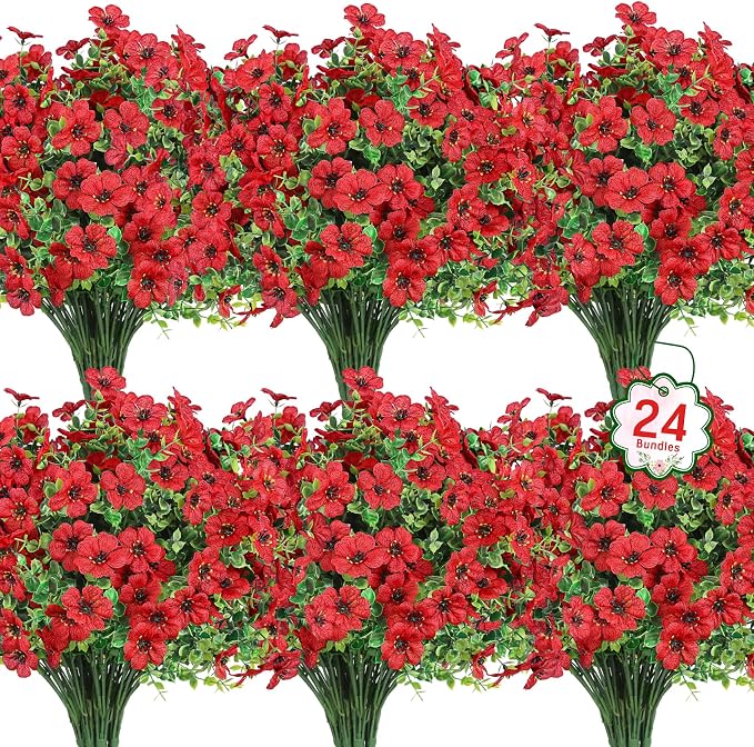 24 Pcs Artificial Flowers for Outdoors Decorations, UV resistant, faux plastic by OuddyDecor