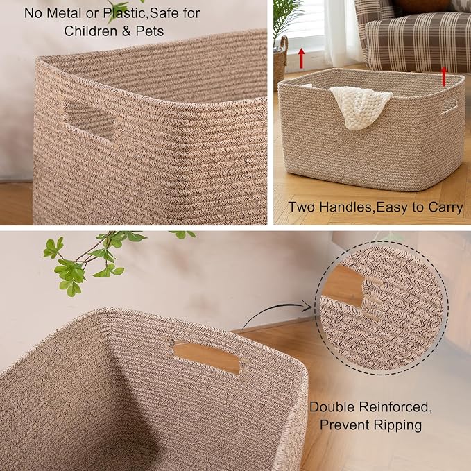 OIAHOMY Cotton Rope Basket, Rectangle Woven Nursery Blanket Basket, Toy Storage - Image 5