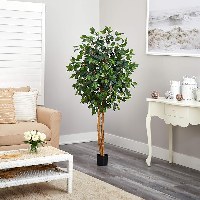 Nearly Natural 5ft Artificial Ficus Tree, Triple Trunk Faux Greenery - Image 7