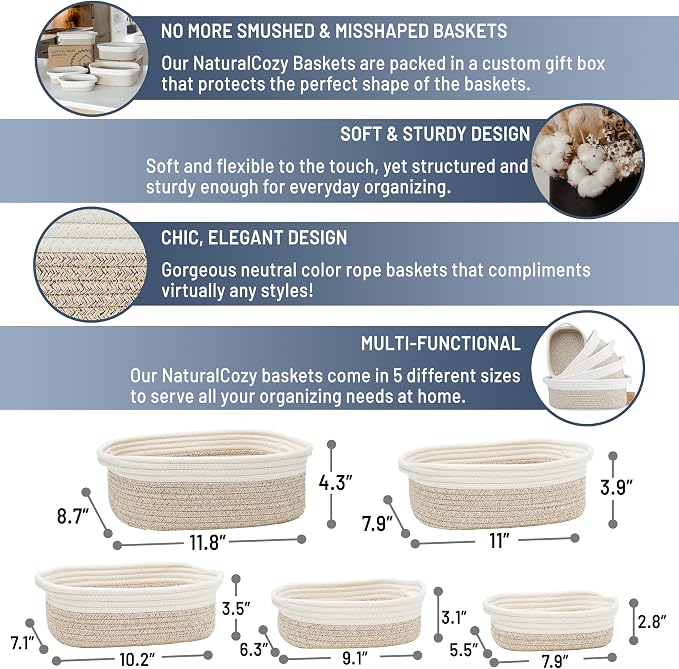 NaturalCozy 5-Piece Rectangle Storage Basket Set- Natural Cotton Rope Woven - Image 2