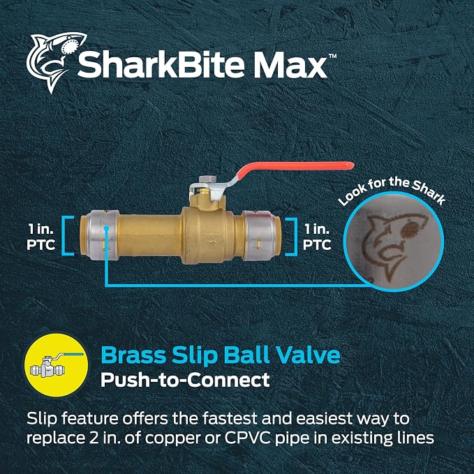 SharkBite Max 1 x 1 Inch Push-to-Connect Slip Ball Valve, Brass Plumbing Fitting - Image 2
