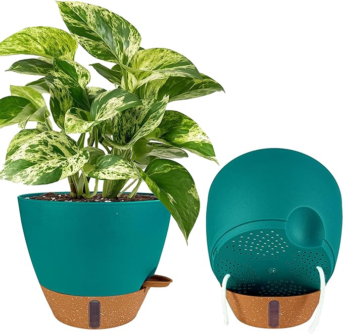 2 Pack 10 inch Plant Pots, Plastic Self Watering Planters | Drainage Holes by Fielda
