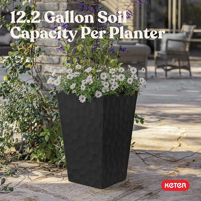 Keter Stone Tapered Planter Set of 2, Tall 26.4‑Inch Resin Outdoor Flower Pots - Image 5