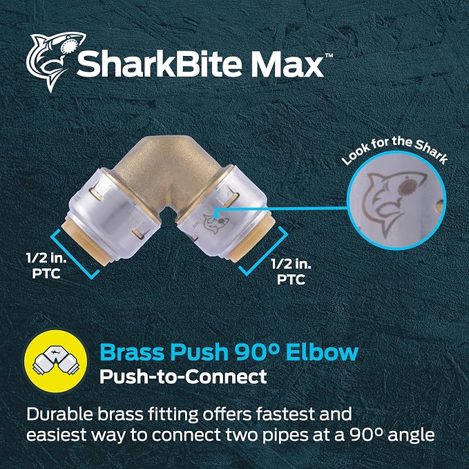 SharkBite Max 1/2 x 1/2 in PTC 90-Degree Elbow, Push-to-Connect Brass Plumbing - Image 2