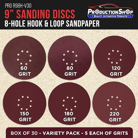 ProductionShop Premium 9" Red 8-Hole Pattern Sanding Discs, 30 Disc Variety Pack - Image 2