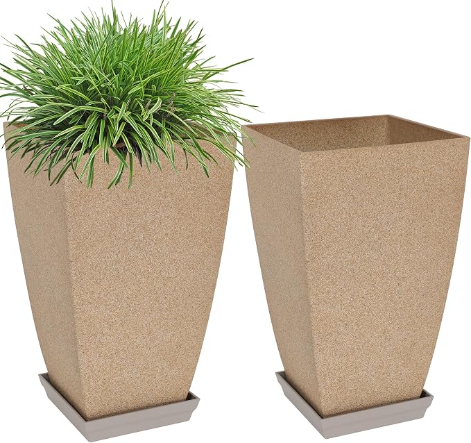 Neoaider Set of 2 Tall Planter, 21 inch Large Plastic Planter, Marble | by Neoaider