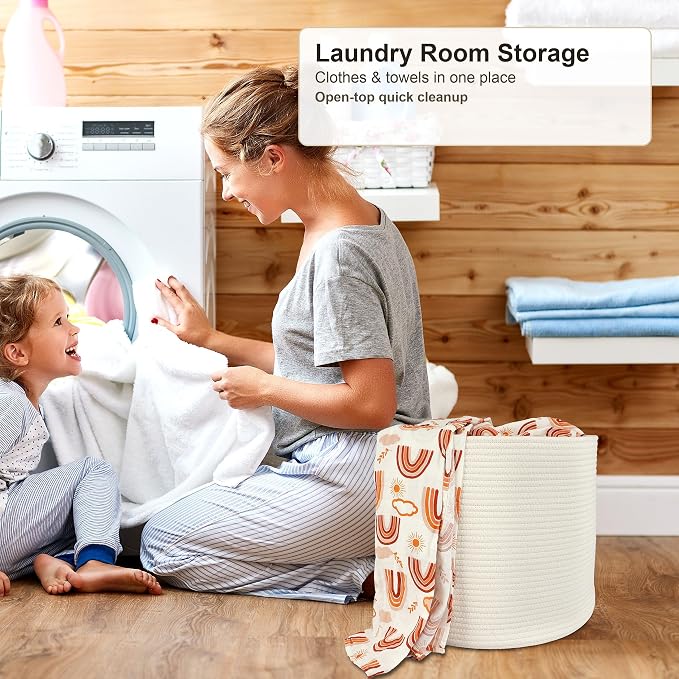 XUANGUO Cotton Rope Basket For Girls Boys Kids 16”X14” White | Baby Laundry - Image 4