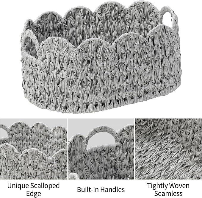 Coeusy Wicker Scalloped Basket Set of 2, Woven Storage Baskets - Image 7
