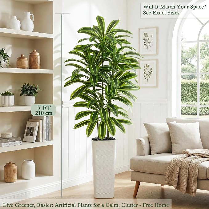 Artificial Dracaena Tree: 7FT Fake Plants Silk Faux Trees（White Pot） | - Image 2