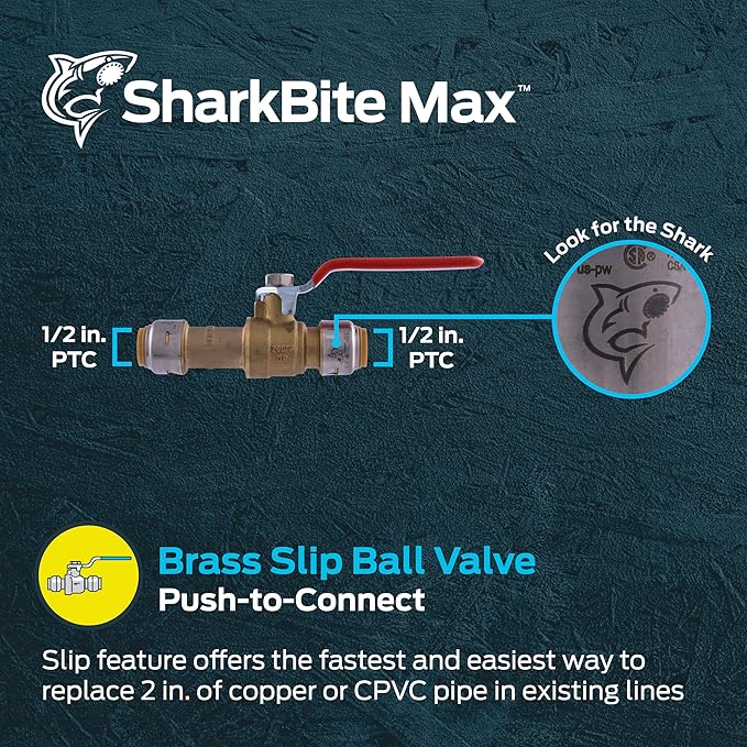 SharkBite Max 1/2 x 1/2 Inch Slip Ball Valve, Push-to-Connect Brass Plumbing - Image 2