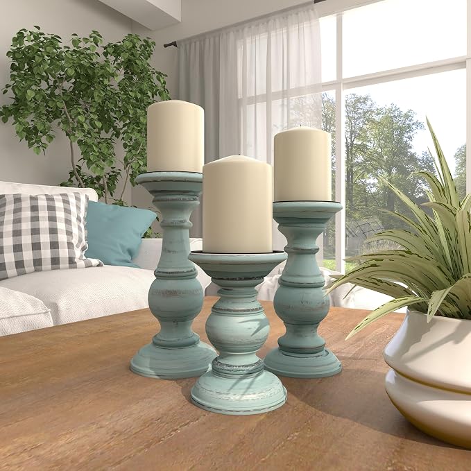 Deco 79 Mango Wood Decorative Candle Holder Distressed Turned Pillar Candle - Image 9