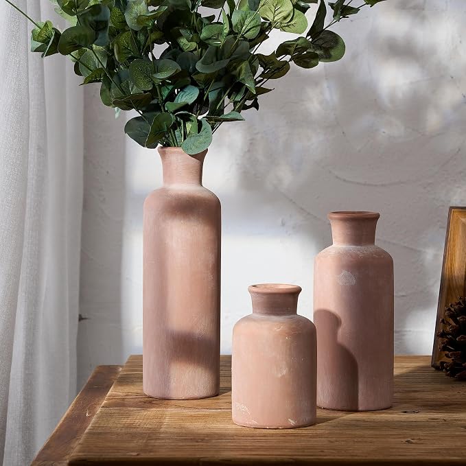 LUKA Ceramic Rustic Farmhouse Vase Set of 3, Terracotta Vases - Image 4