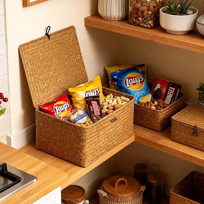 Nonam Large Wicker Basket with Lid, Seagrass Shelf Storage Basket, Natural | - Image 6
