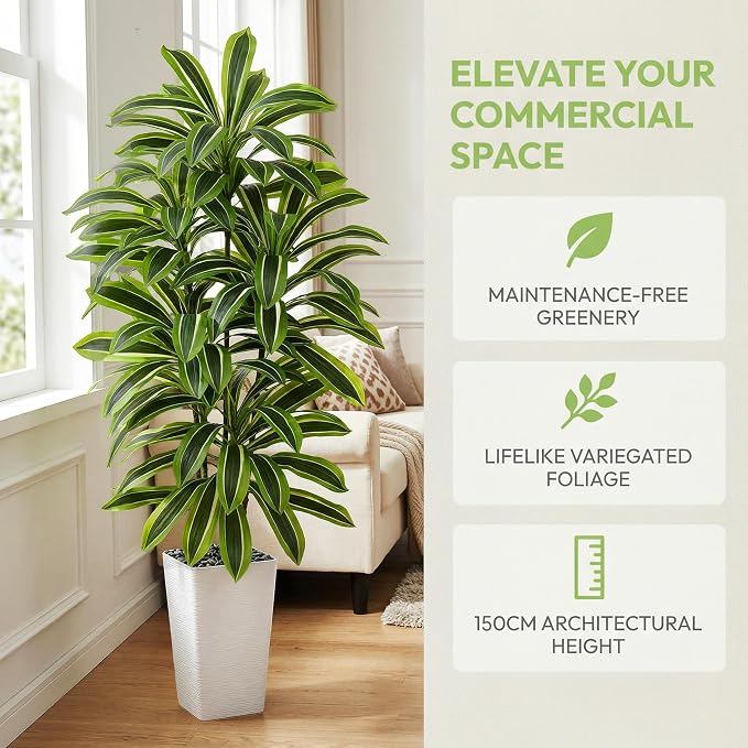 Artificial Dracaena Tree: 5FT Fake Plants Silk Faux Trees（White Pot） | - Image 6