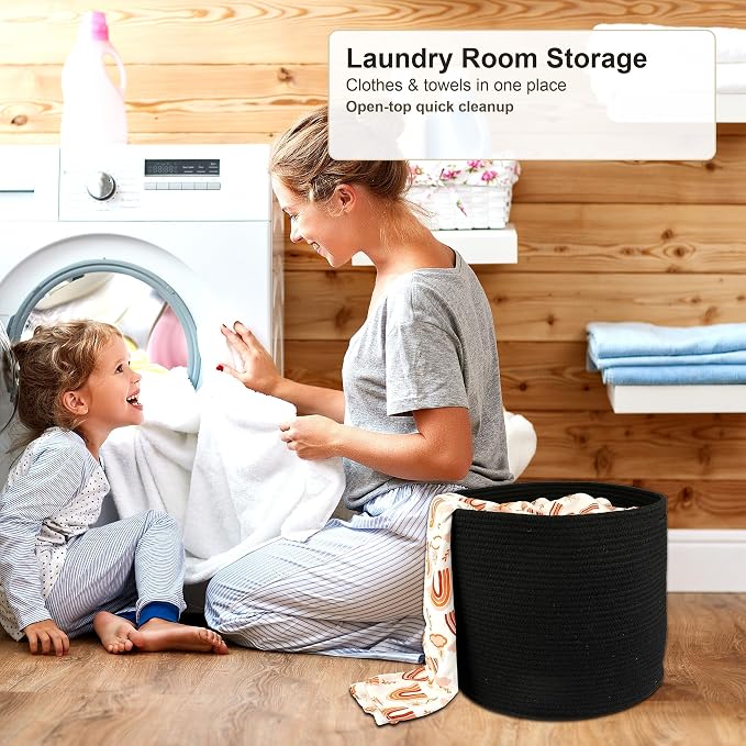 XUANGUO Cotton Rope Basket For Girls Boys Kids 16”X14” Black | Baby Laundry - Image 4