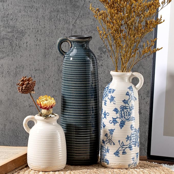 Ceramic Vase Set of 3 with Handles, Versatile as Table Centerpiece or Mantel & by Unknown