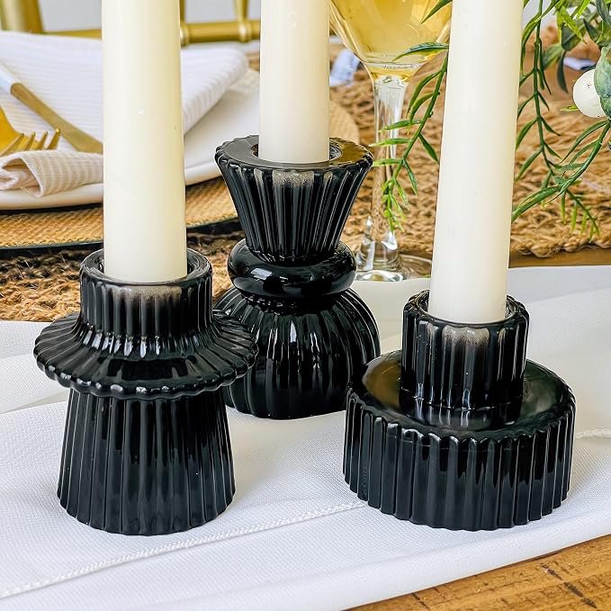 Kate Aspen Vintage Ribbed Glass Black Candlestick Holders, Pillar Candle - Image 2