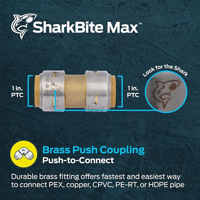 SharkBite Max 1 Inch Coupling, Push to Connect Brass Plumbing Fitting, PEX Pipe - Image 2