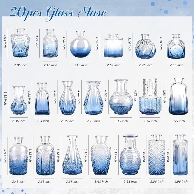 Der Rose 20pcs Glass Bud Vases, translucent glass, vintage etched patterns - Image 3